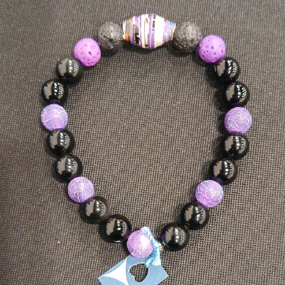 🎉SOLD🎉Elegant Black Obsidian and Purple Weathered Agate Beaded Bracelet